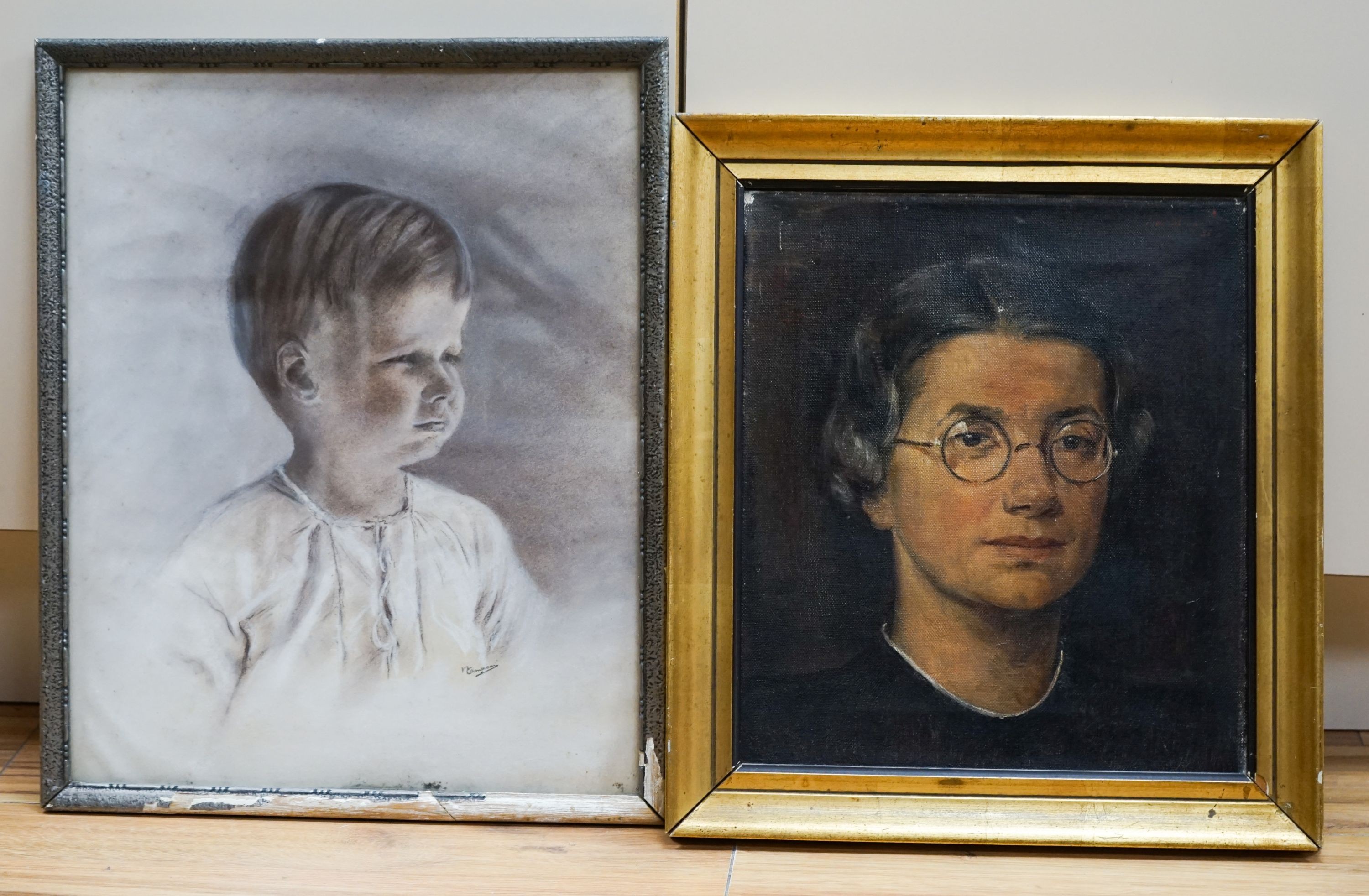 Dutch School (20th century), oil on canvas, Head and shoulder portrait of W. de Villeneuve Mees, indistinctly signed and dated 1938, 34 x 30cm and a chalk drawing of a young boy, signed 'Camponi' (2), 34 x 29cm